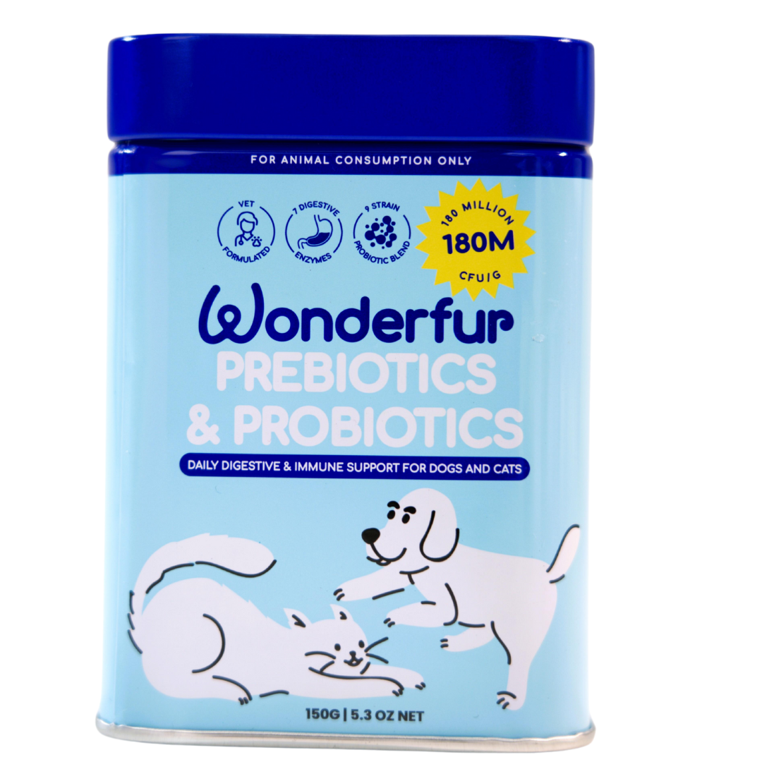 Wonderfur prebiotics and probiotics container for pets on a white background