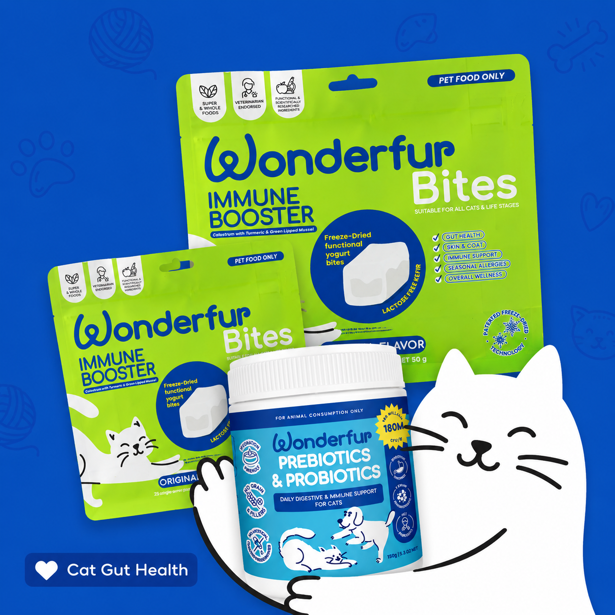 Wonderfur immune booster bites and probiotics on a blue background with a cartoon cat.