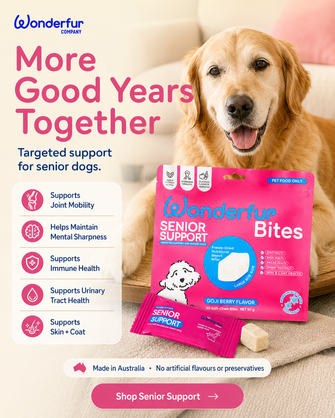 Dog with Wonderfur Senior Support product packaging on a couch