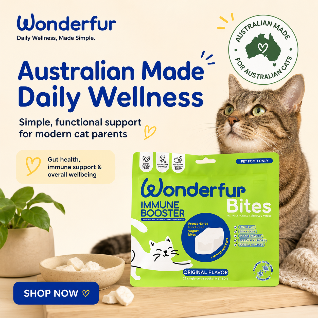Wonderfur cat food package with a cat sitting next to it on a wooden surface.