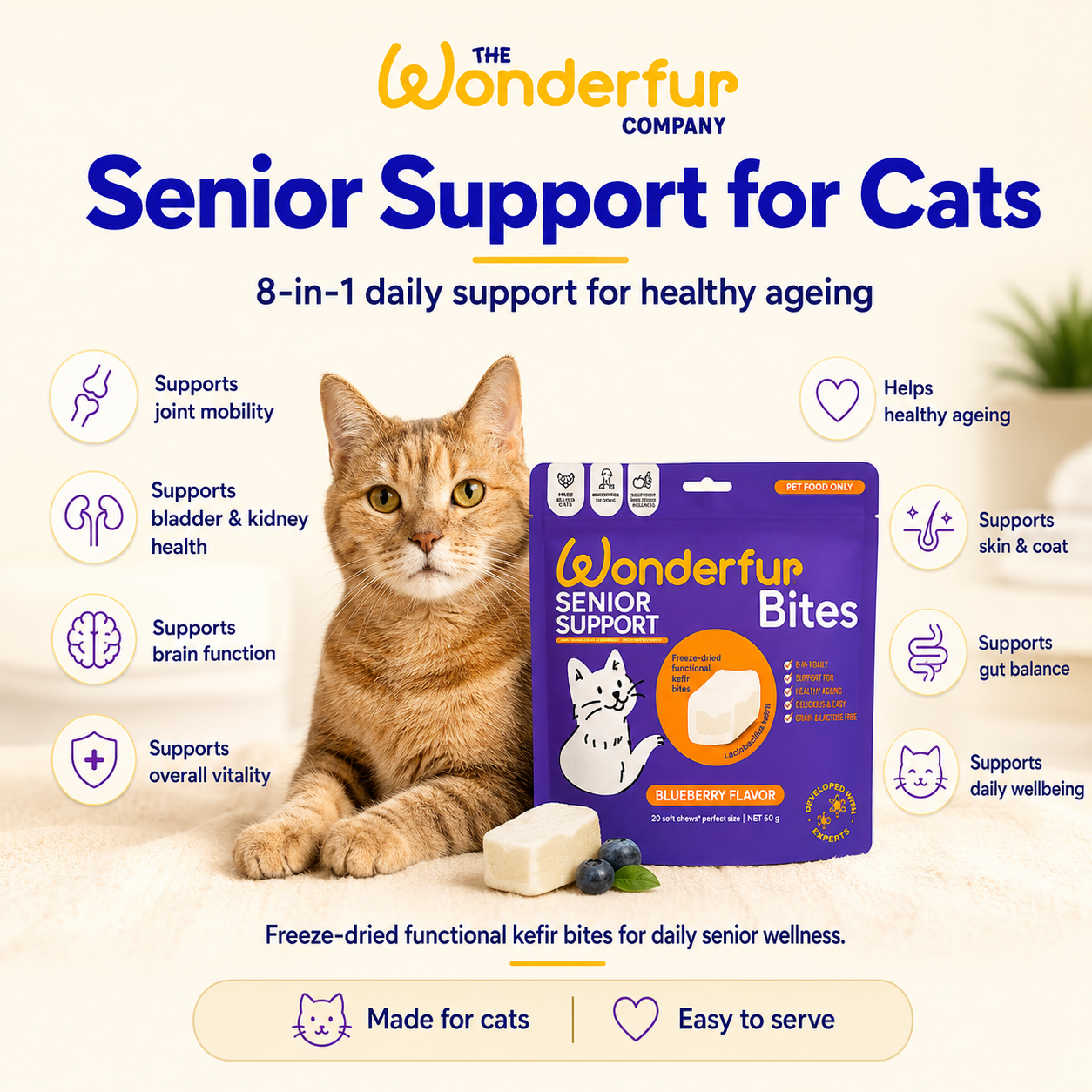 Cat with Wonderfun Senior Support for Cats packaging on a light background