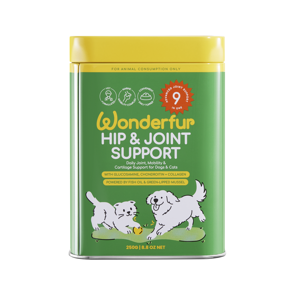 Wonderfur Hip & Joint Support supplement canister for dogs, featuring a green body with a yellow lid and illustrations of two white dogs on a white background.