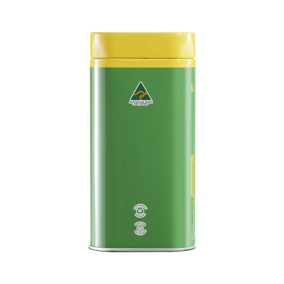 A green cylindrical metal tea tin with a yellow lid, featuring the Australian Tea Council logo on the front, isolated on a white background.