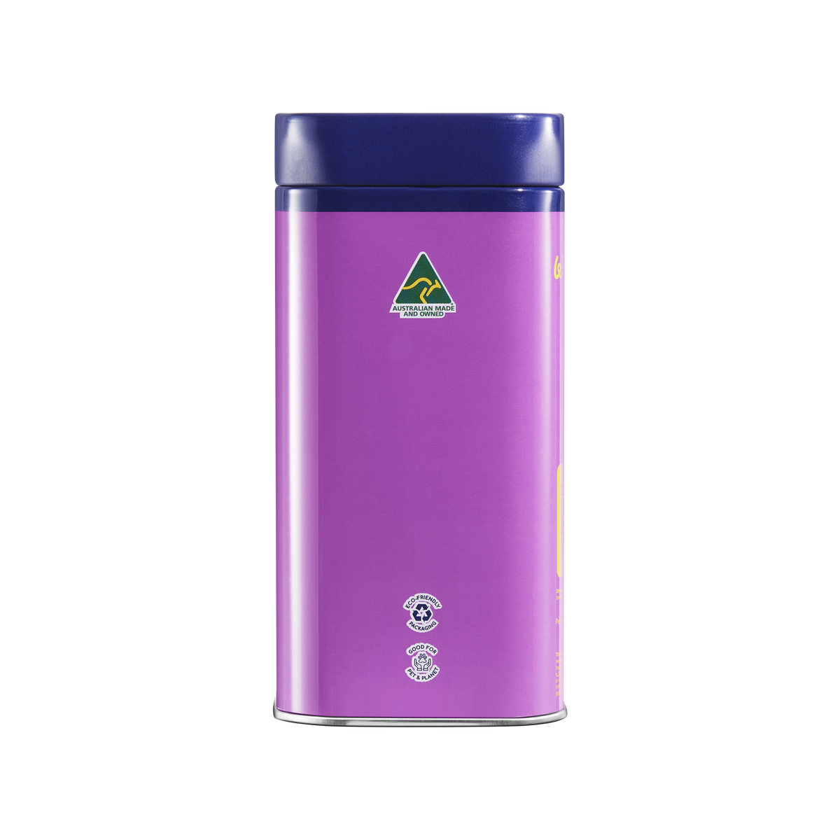 A tall, cylindrical metal tin with a vibrant purple body and a dark blue lid, featuring an Australian Kiwi symbol on the front, set against a plain white background.