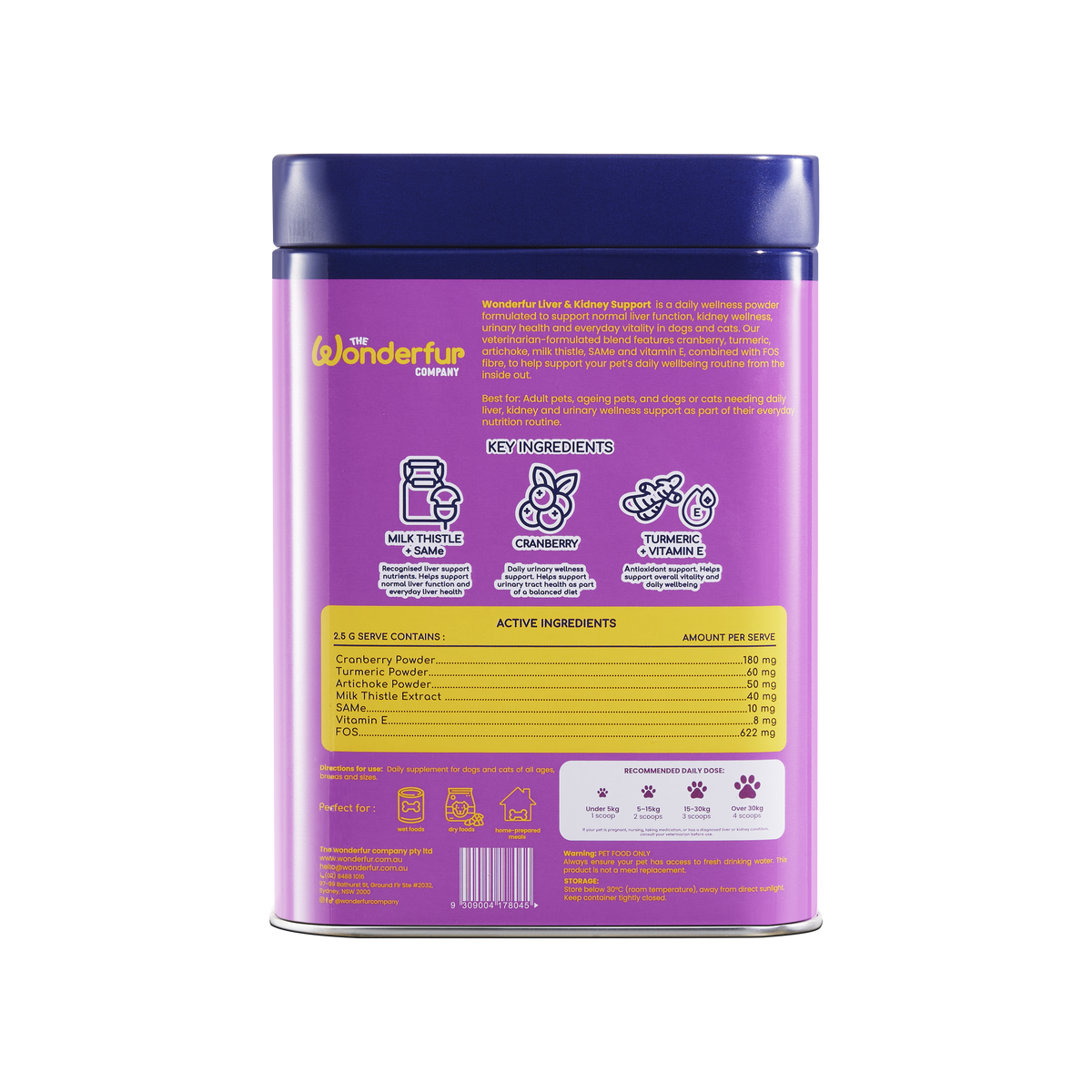 A purple cylindrical canister of Wonderfun Joint Support dog supplement, showing the back label with text, ingredients, and icons on a white background.