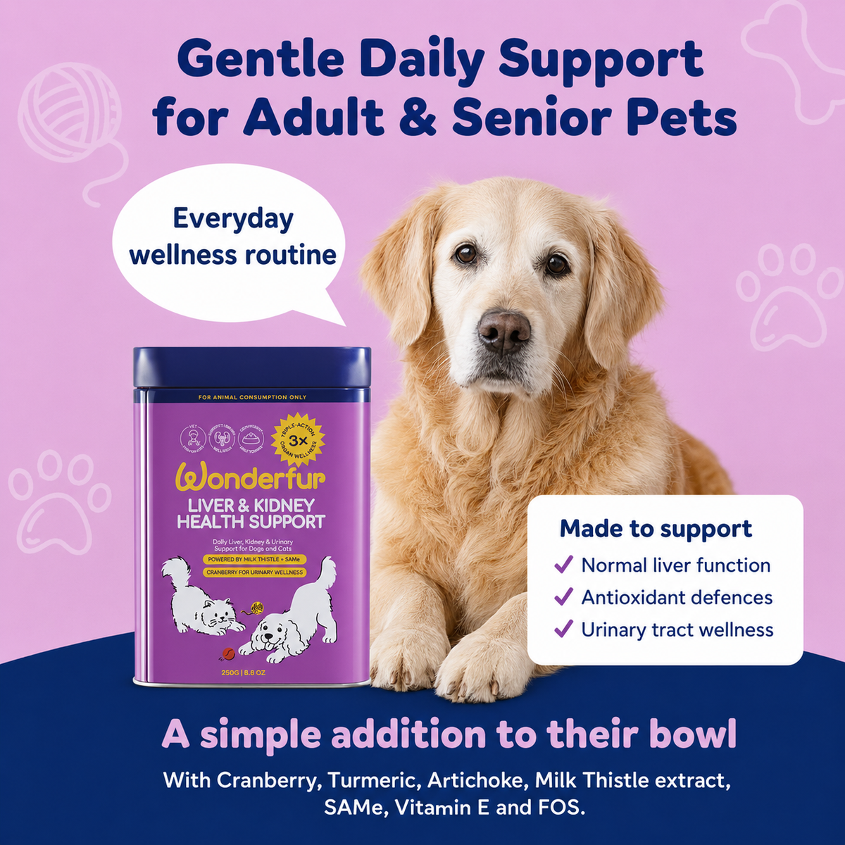 A golden retriever dog sits beside a purple canister of Wonderfur Liver & Kidney Health Support on a pink and navy promotional background with text about adult and senior pet support.