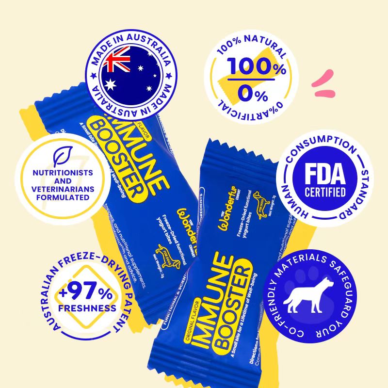 Blue and yellow packages of an immune booster with various certification logos on a beige background