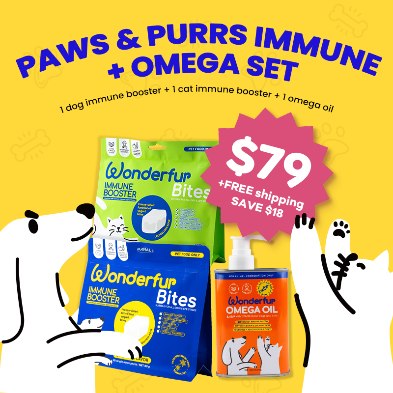 Promotional graphic for a 'Paws & Purrs Immune + Omega Set' with Wonderfur products on a yellow background.