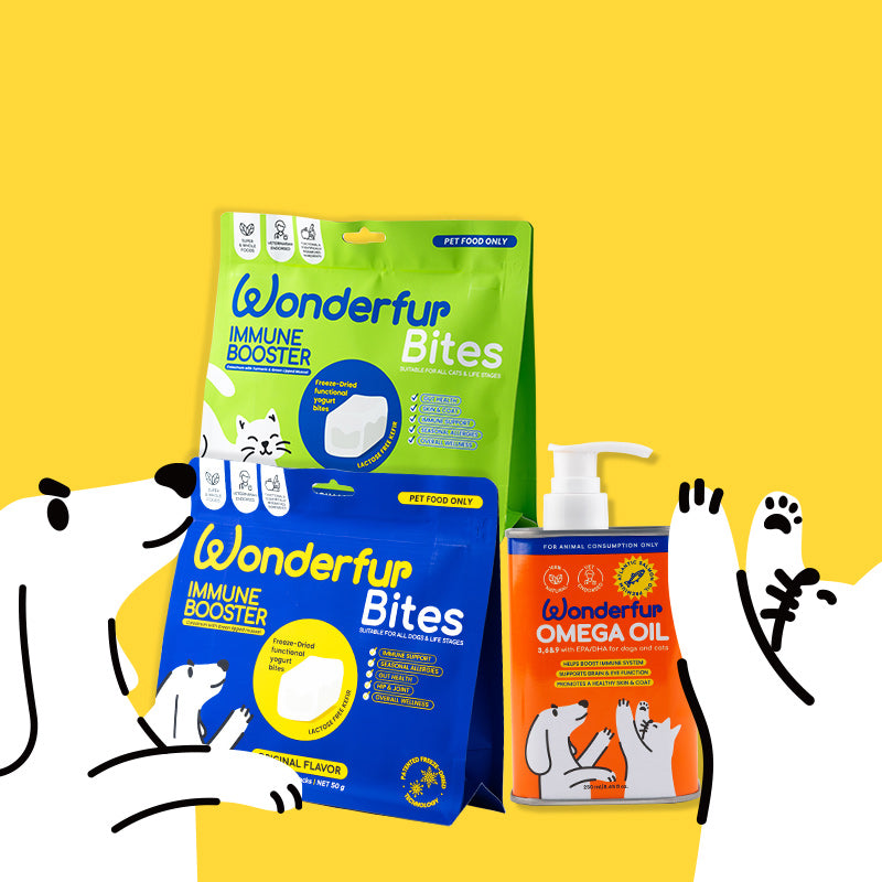 Three Wonderfur pet product packages on a yellow background with paw prints.