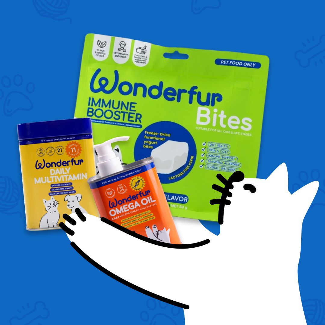 Collection of Wonderfur pet health products on a blue background with a cartoon cat.