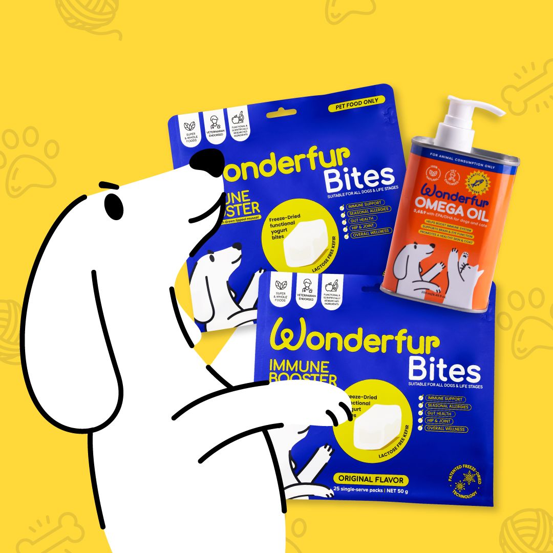 Wonderfur dog product packaging on a yellow background with a cartoon dog illustration.
