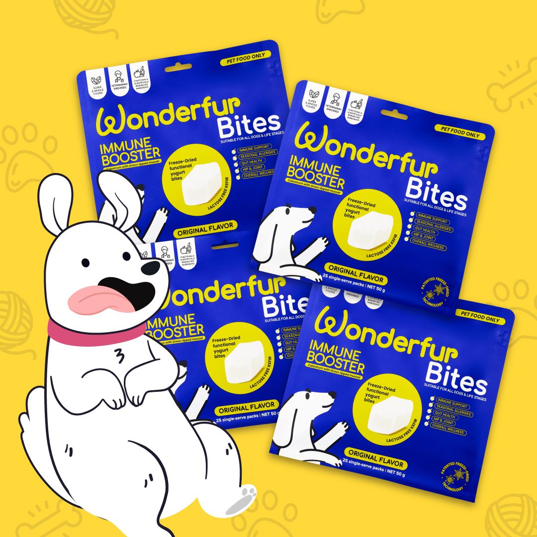 Four packages of Wonderful Bites immune booster for dogs on a yellow background with a cartoon dog character.