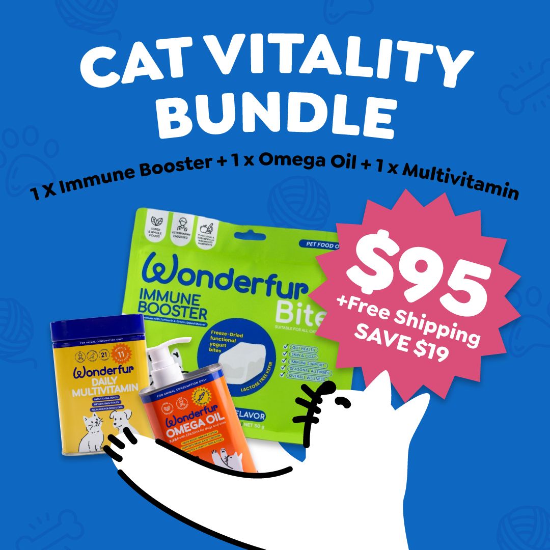 Wonderfur Cat Vitality Bundle featuring Immune Booster Bites, Omega Oil and Daily Multivitamin on blue background with cat illustration 
