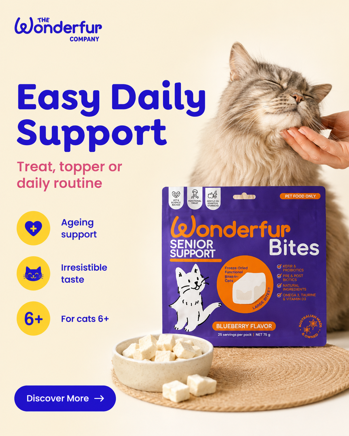 Cat with Wonderfur Senior Support Bites packaging on a beige background