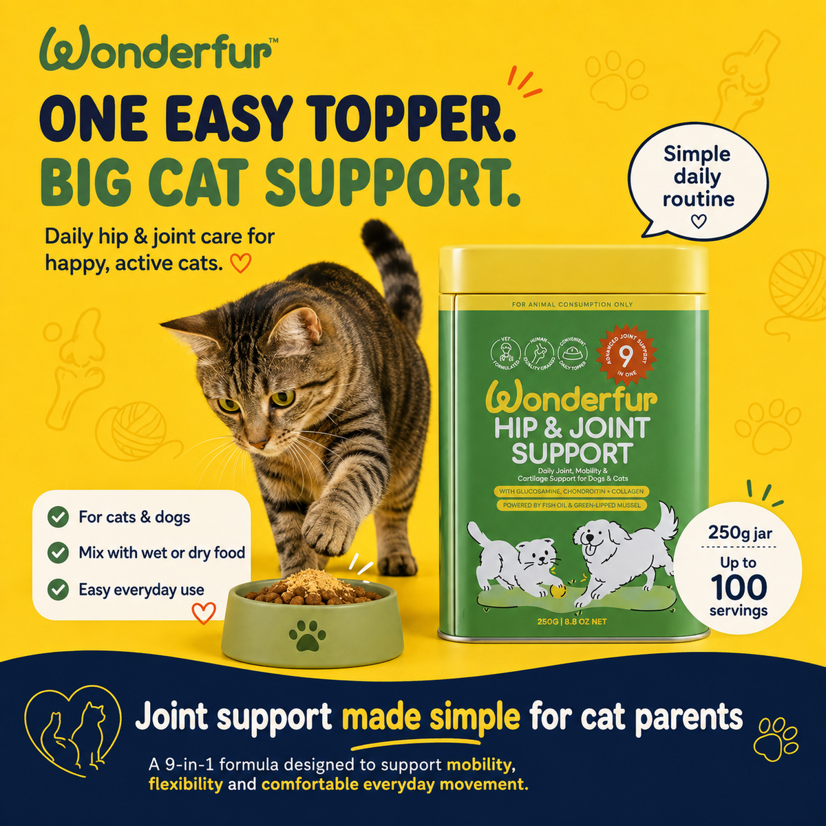 Wonderfur Hip & Joint Support cat supplement packaging and a cat eating on a bright yellow and navy promotional graphic. The ad includes the product jar, a cat photo, text callouts, and branding.