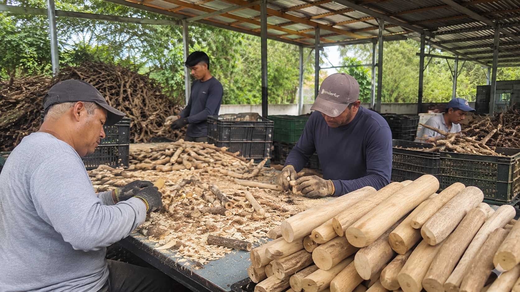 Workers sorting and handling wooden logs in an outdoor setting.